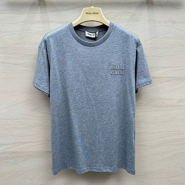 大人気◇ロゴ刺繍入り ミュウミュウ フェイクコットン ジャージー Tシャツ myp82344